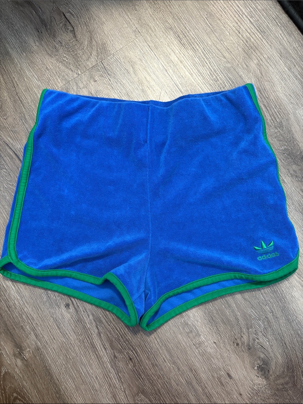 Adidas Originals Women's Blue Terry Shorts with Green Trim